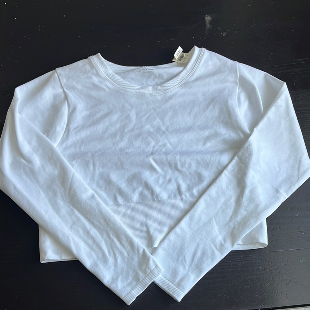 Offline by Aerie White Long Sleeve Cropped Cut-off Top